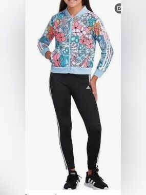 adidas Girls Floral Zip Jacket in Light Blue, Pink & Orange